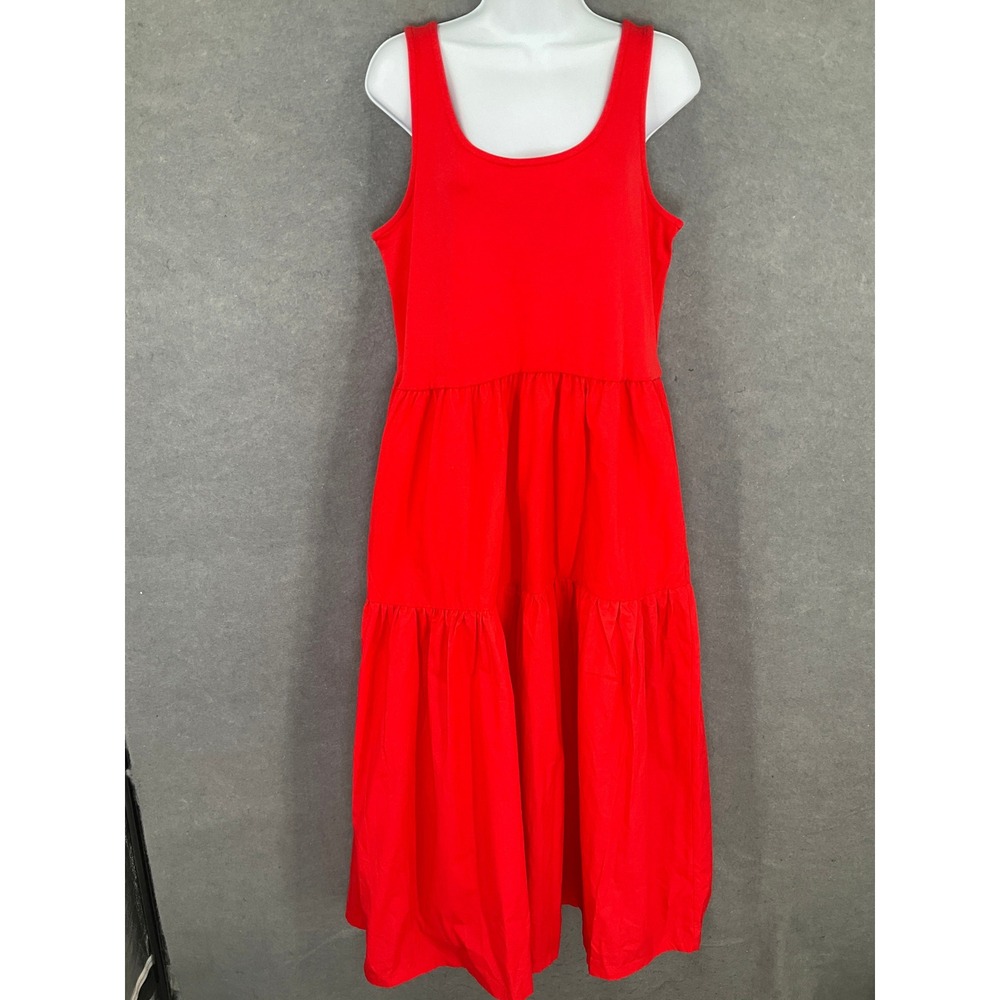 J.Crew Red Sleeveless Tiered Midi Dress Pockets Sundress Size L‎ 100% cotton